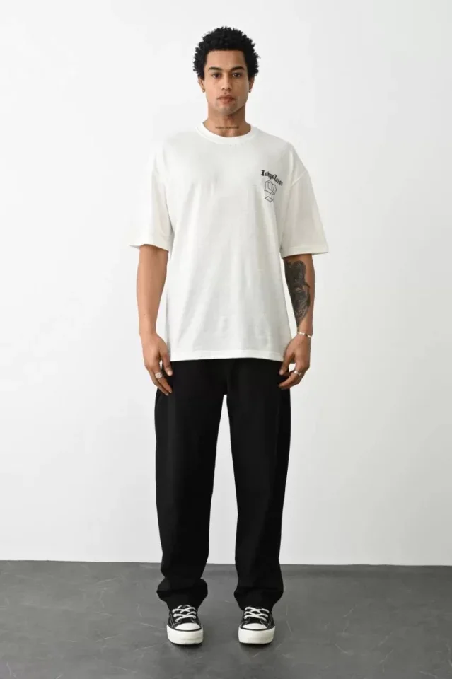 Unisex Baskılı Oversize T-Shirt - Beyaz görsel 3