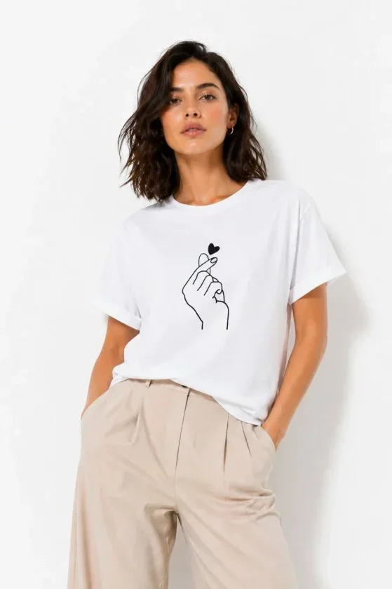 Kore Parmak Kalp Aşk Temalı Minimal Baskılı Tişört Yazlık Kısa Kol T-Shirt - Beyaz