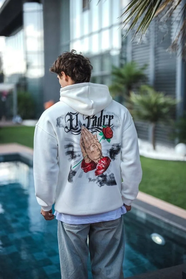 Üç İplik Penye Kapşonlu Baskılı SweatShirt - Beyaz görsel 2