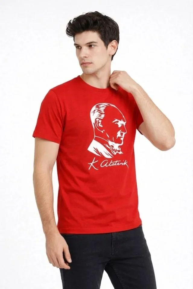 Erkek Atatürk Baskılı Tişört Kısa Kollu Bisiklet Yaka T-Shirt - Kırmızı görsel 3