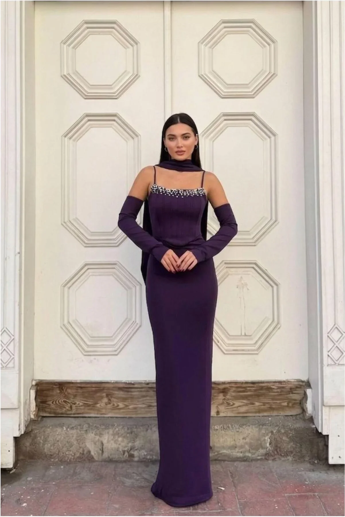 Kadın Modern Stil Scuba Esnek Kumaş Straplez Balık Kesim Abiye Elbise görsel 3