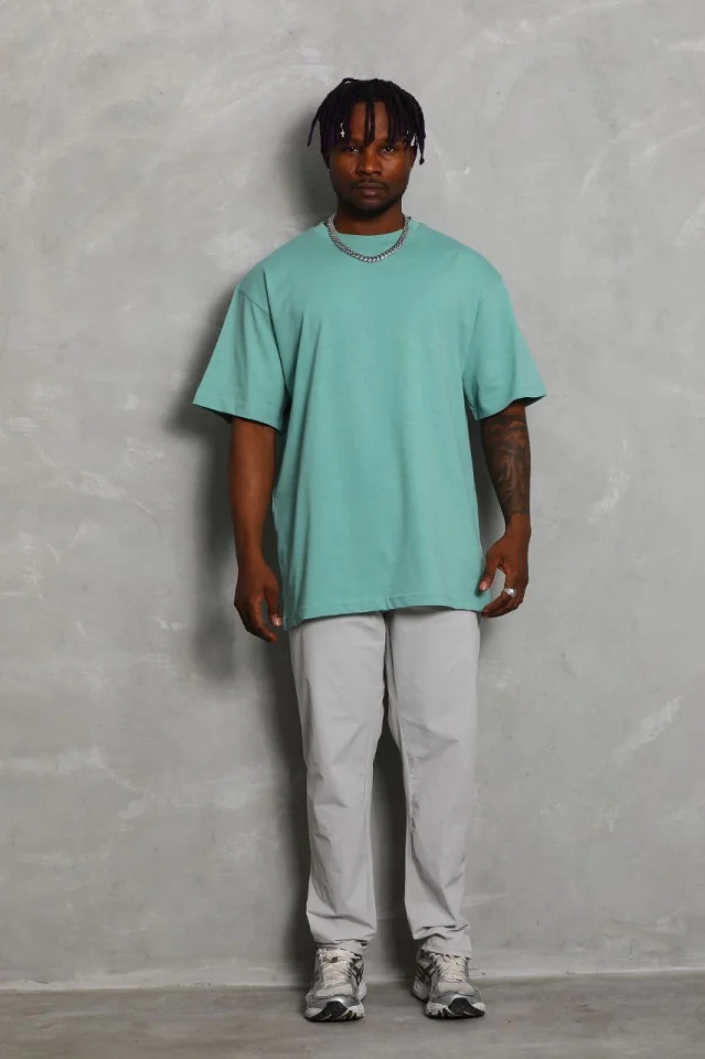 Unisex Oversize Düz Bisiklet Yaka T-Shirt - Mint Yeşili görsel 4