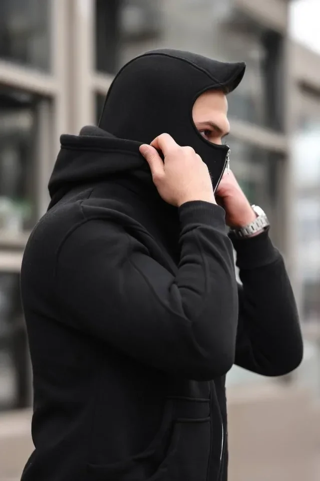 Erkek Maskeli Ninja Model Çift Kapüşonlu 3 İplik Şardonlu Fermuarlı Sweatshirt - Siyah görsel 2