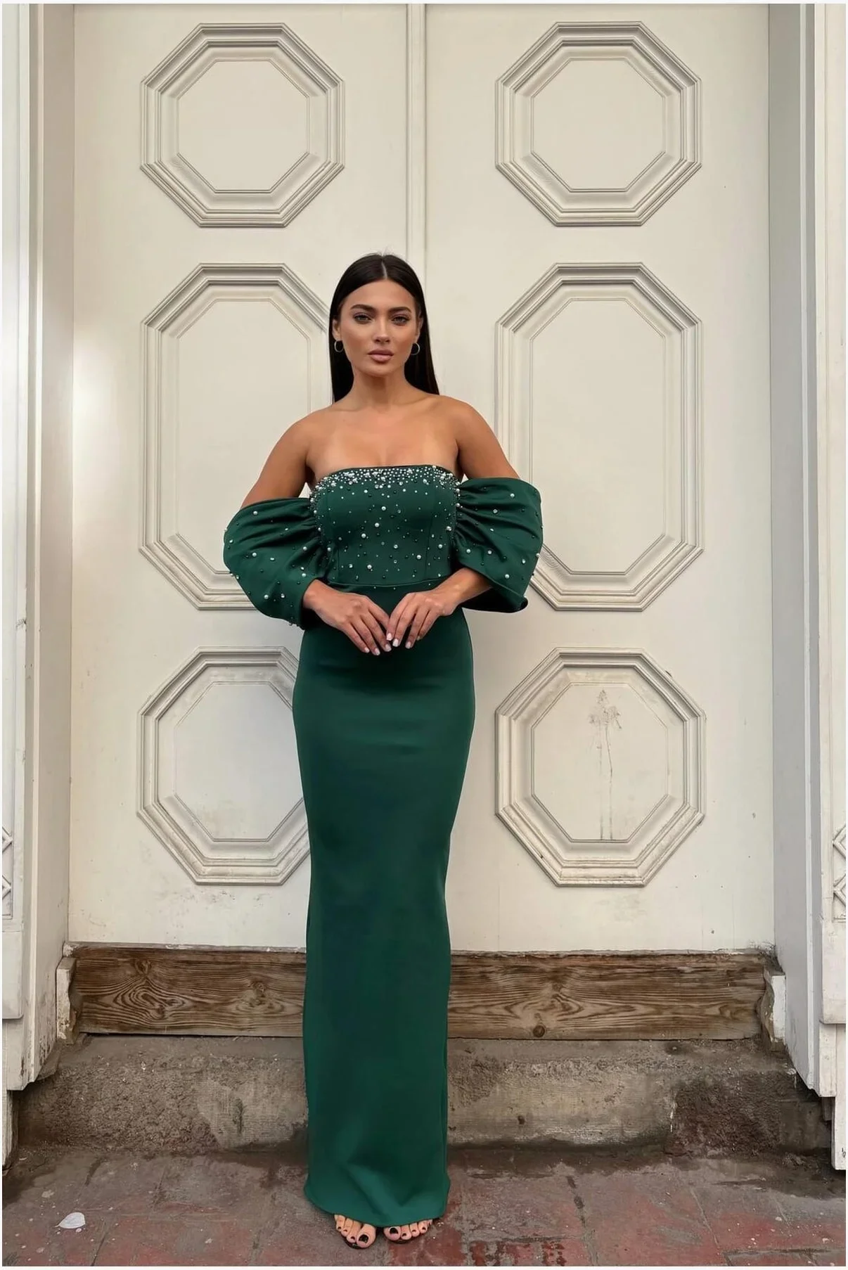 Kadın Trend Model Esnek Tül Kumaş Straplez Abiye Elbise görsel 3