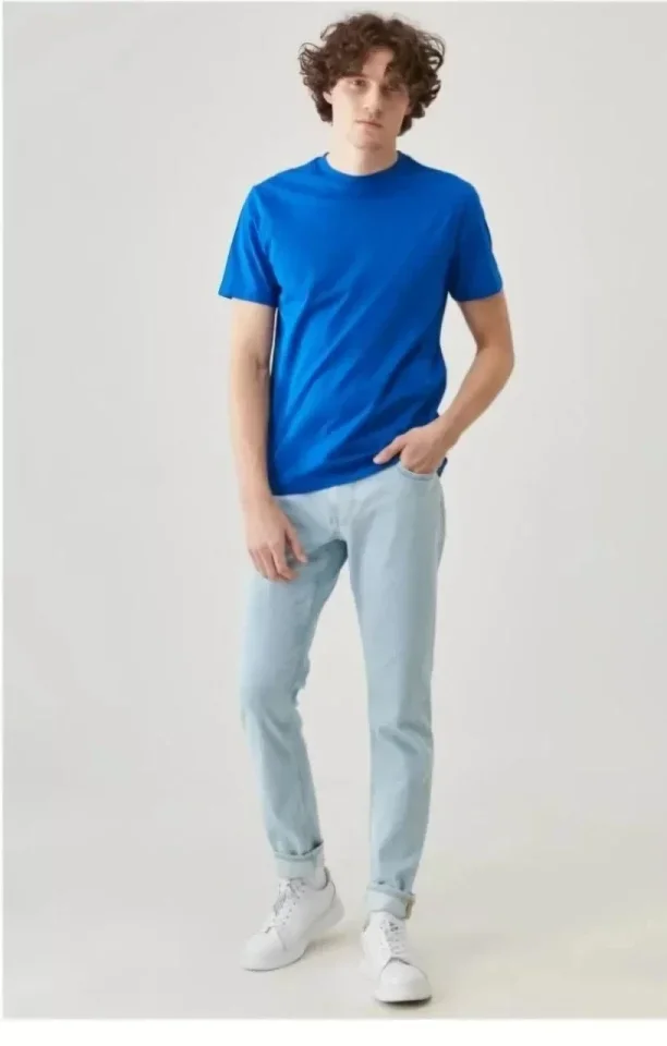 Unisex Düz Biskilet Yaka Oversize T-shirt - Mavi görsel 4