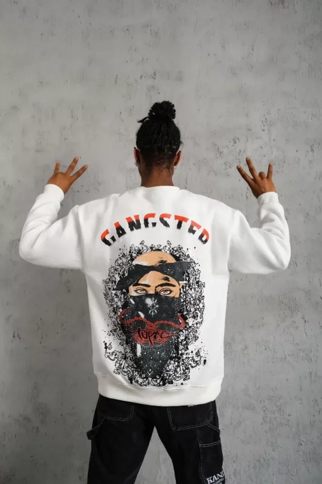 Erkek 3 İplik Gangster Baskılı Sweatshirt - Beyaz görsel 2