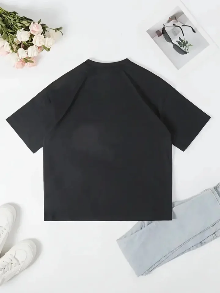 Baskılı Oversize Bisiklet Yaka T-shirt - Siyah görsel 2