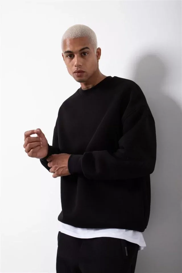 Unisex Biskilet Yaka Üç İplik SweatShirt - Siyah görsel 3