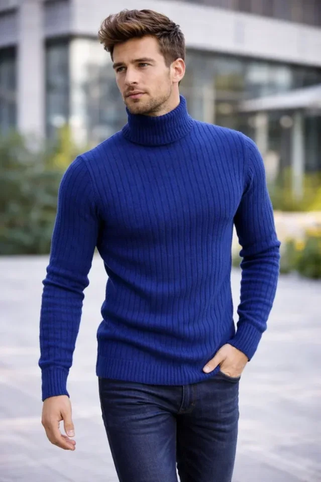 Erkek Balıkcı Yaka Bağazlı Triko Kazak Pamuklu Kalın Fitilli Dokuma, Regular Fit Uzun Kollu Kışlık Model - İndigo görsel 3