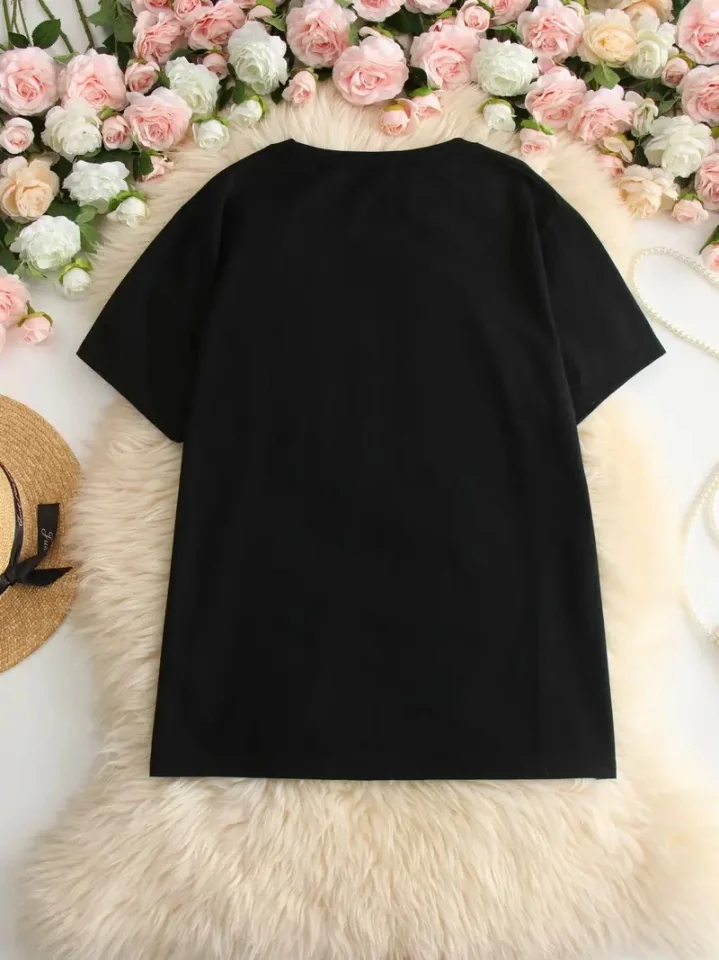 Baskılı Oversize Bisiklet Yaka T-shirt - Siyah görsel 2