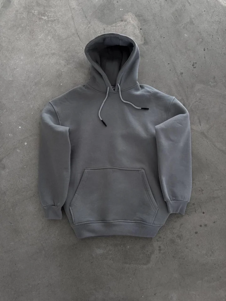 Kapşonlu Üç İplik Penye Basic SweatShirt - Boyalı Gri görsel 2