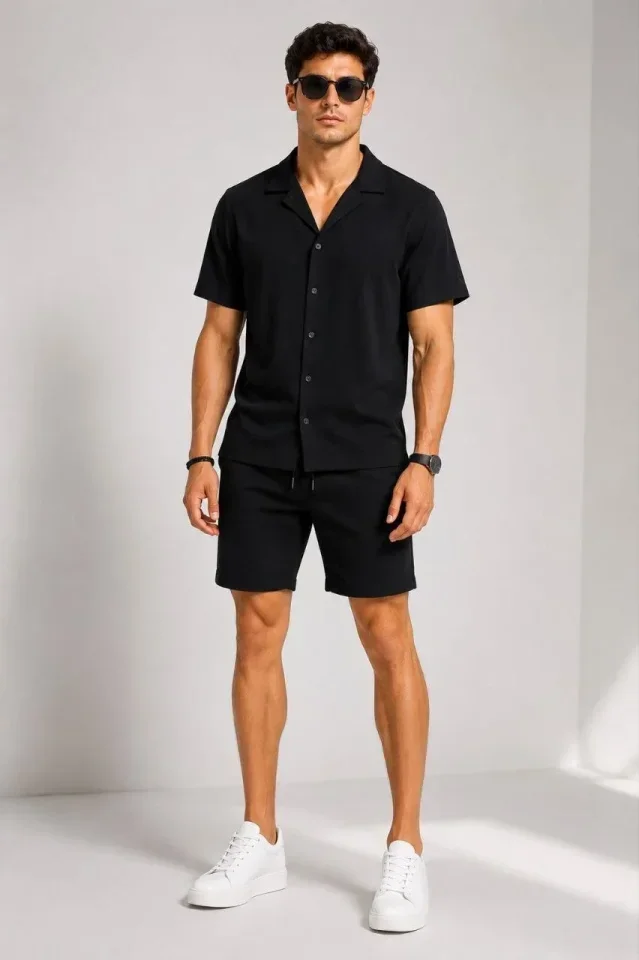 Erkek 3’lü Krep Kumaş Cepli Gömlek Şort Takım Kısa Kollu Bağcıklı - Füme, Siyah, Bej görsel 3