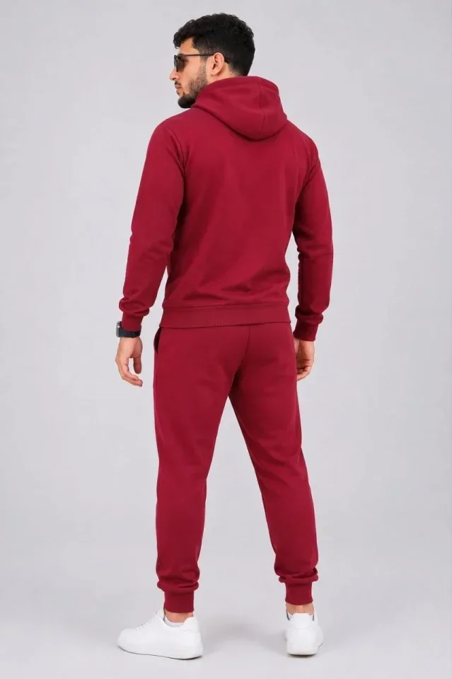 Erkek İki İplik Kapüşonlu Kanguru Cepli Sweatshirt Jogger Pantolon Alt Üst Eşofman Takımı -Bordo görsel 2