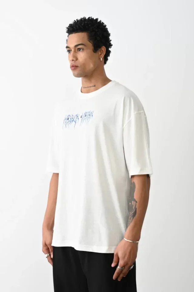 Unisex Baskılı Oversize T-Shirt - Beyaz görsel 2