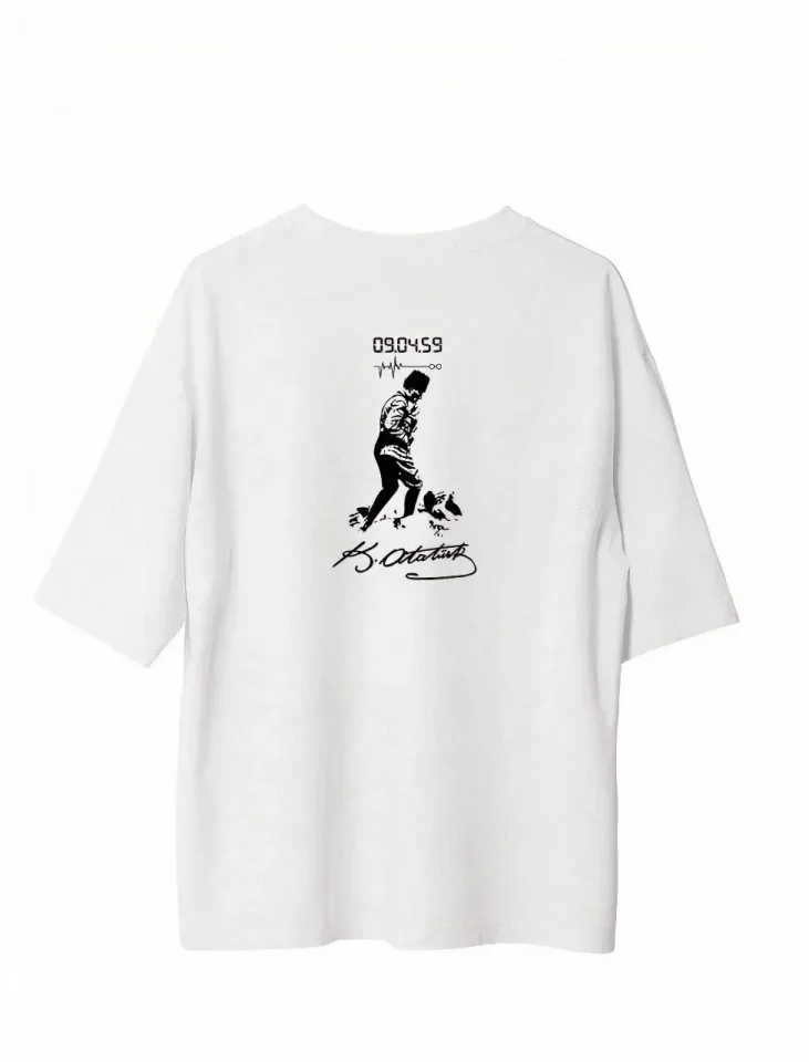 Unisex Bisiklet Yaka Baskılı Oversize T-Shirt - Beyaz görsel 2