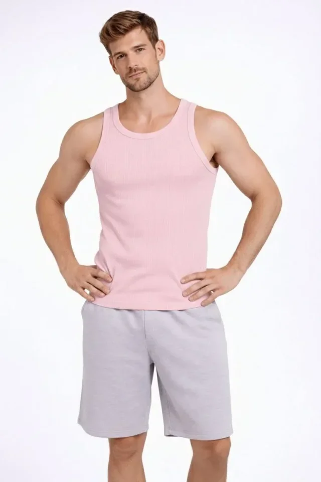 Erkek Fitilli Atlet Sıfır Yaka Slim Fit Arka Baskılı Spor Atlet - Pembe görsel 4