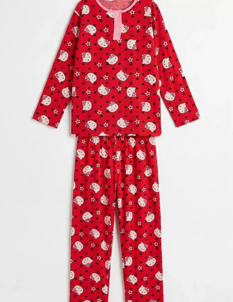 6/14 Yaş Karakter Kedi Baskılı Pamuk Penye Çocuk Pijama Takımı