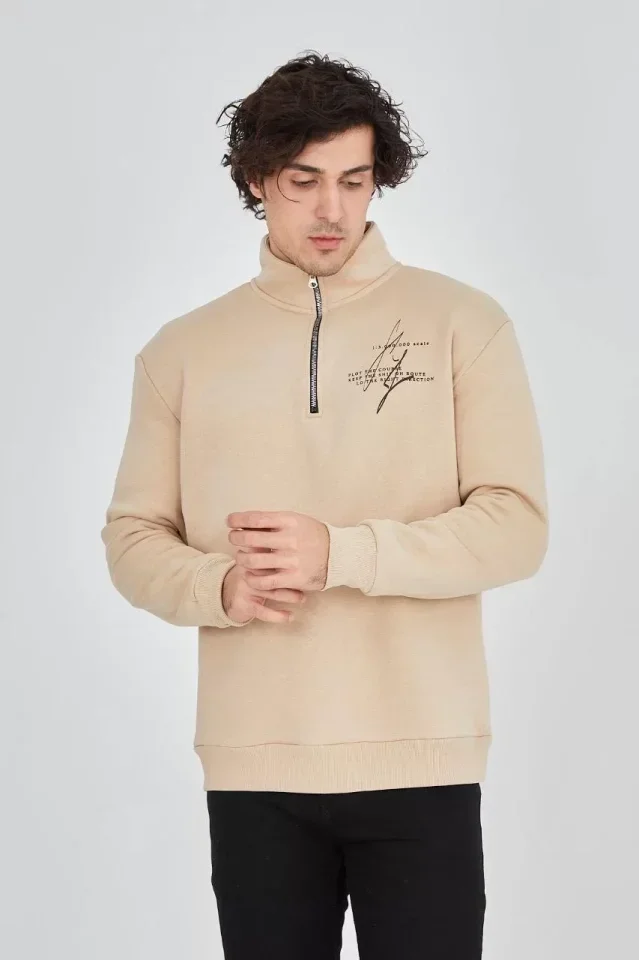 Erkek Yarım Fermuarlı Baskılı Sweat - Bej görsel 4