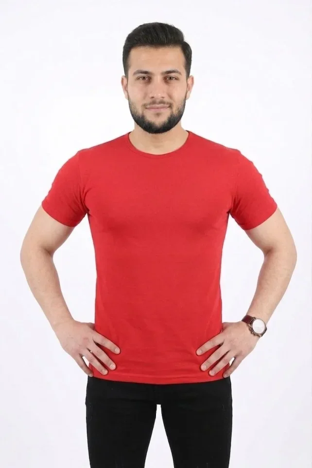 Erkek Basic Tişört Bisiklet Yaka Kısa Kol Günlük Yazlık Slim Fit T-Shirt - Kırmızı görsel 3