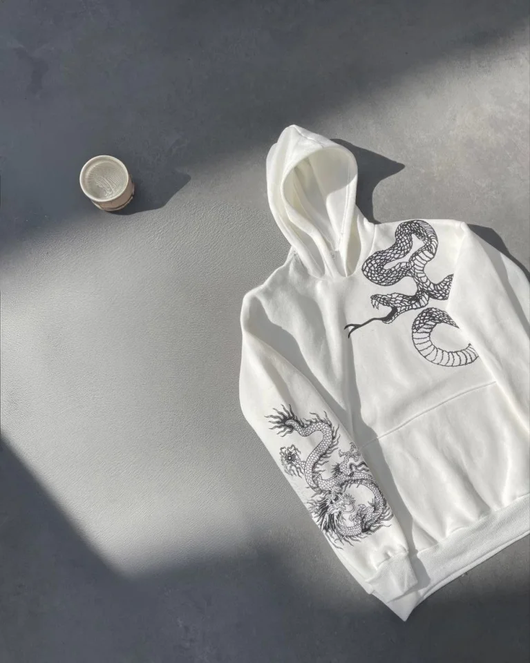 Uzun Kol Kapşonlu Baskılı SweatShirt - Beyaz görsel 4