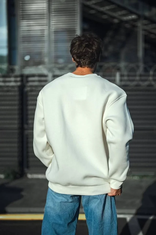 Kışlık Bisiklet Yaka Üç İplik Basic SweatShirt - Beyaz görsel 3