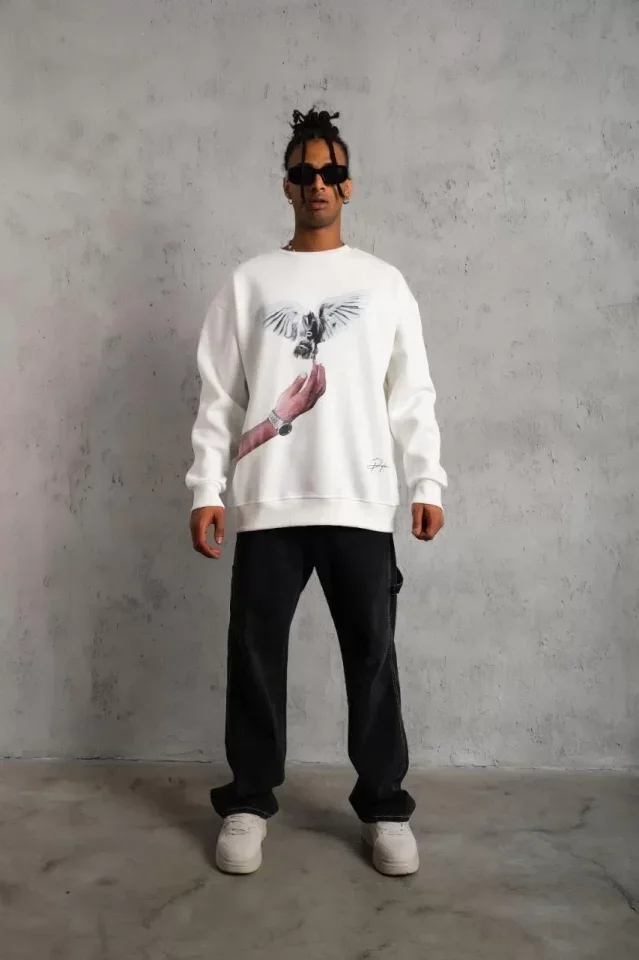 Erkek Güvercin Baskılı Sweatshirt - Beyaz görsel 3