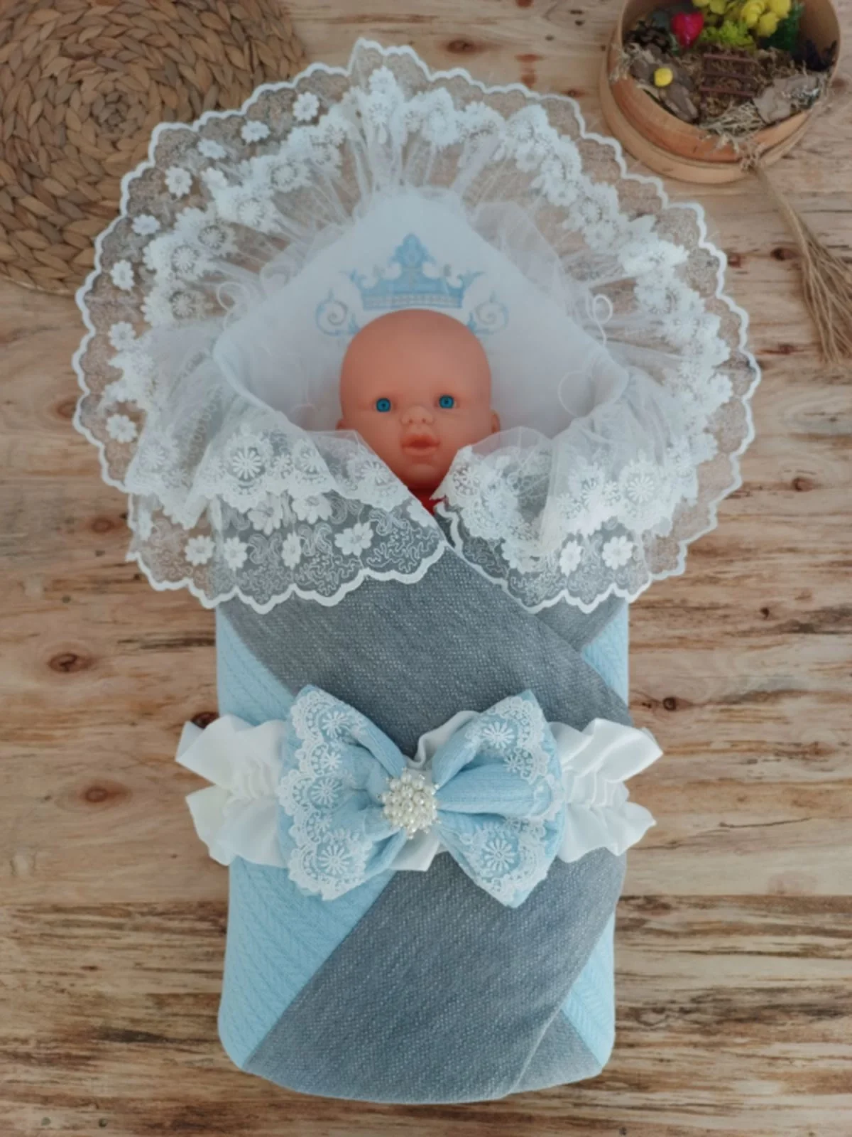Yenidoğan Teri Cotton Taç Nakışlı Prizma Taş Kundak Bebek Battaniyesi Mavi görsel 2