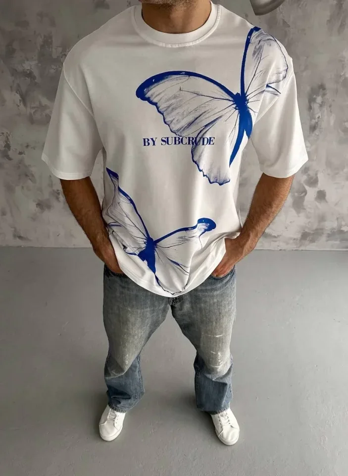Unisex Bisiklet Yaka Baskılı Oversize T-Shirt - Beyaz görsel 2