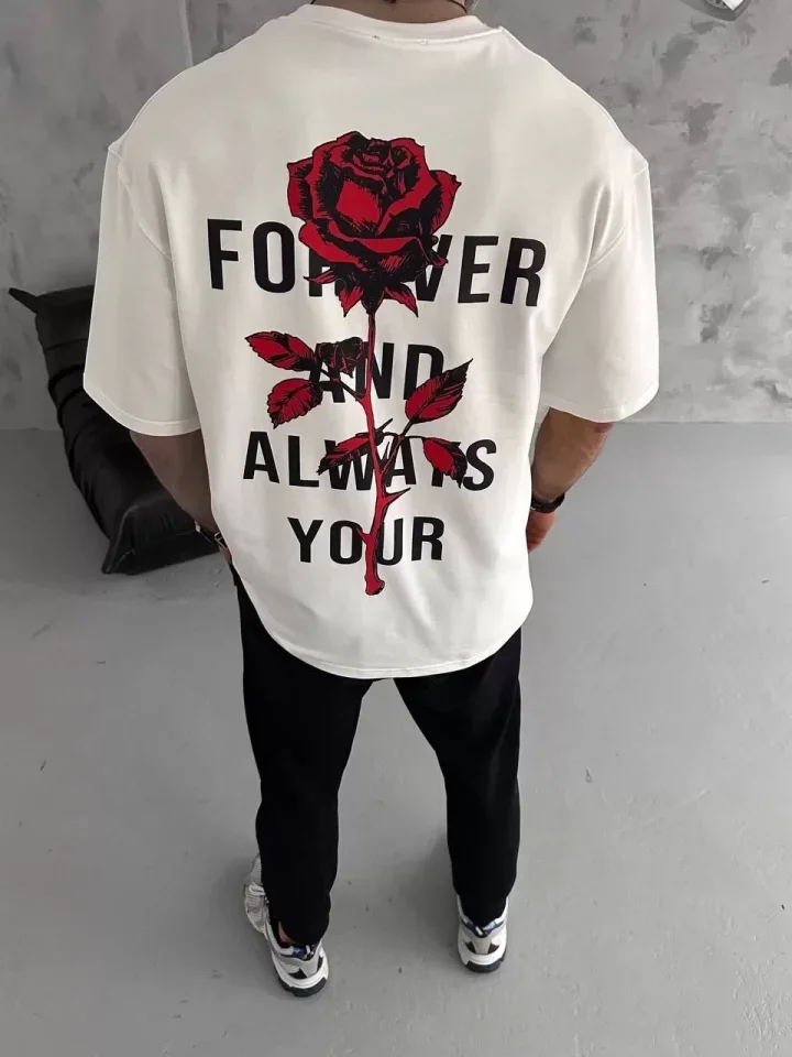 Unisex Bisiklet Yaka Baskılı Oversize T-Shirt - Beyaz görsel 3