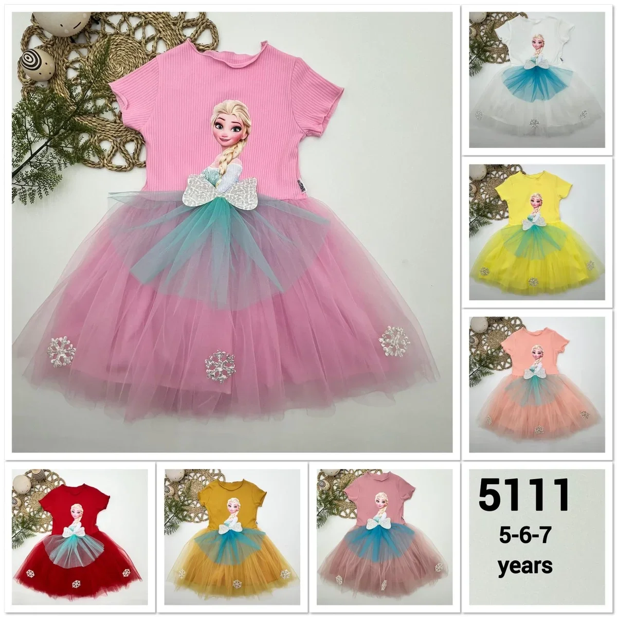 5-6-7 Yaş Elsa Desenli Fiyonklu Tül Etekli Astarlı Kısa Kollu Kız Çocuk Tütü Elbise görsel 2