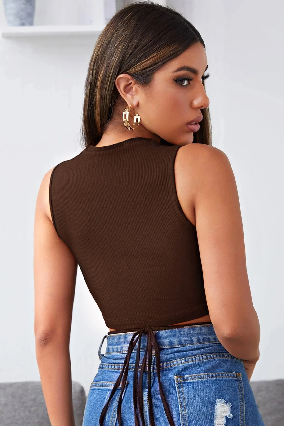 Kadın Kahverengi Çapraz Bağlamalı Crop Top Büstiyer görsel 4