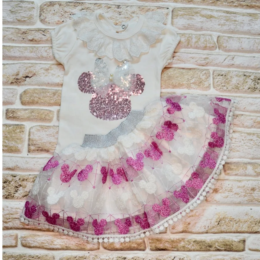 1-2-3 Yaş Payetli Mickey Nakışlı Kısa Kollu Brode Etekli 2li Kız Bebek Takımı Fuşya görsel 2