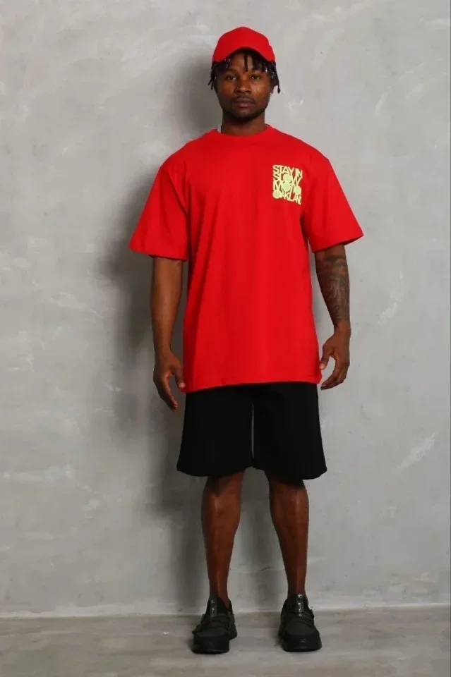 Erkek Baskılı T-Shirt Kısa Kol Bisiklet Yaka Regular Fit Rahat Kalıp Günlük Tişört - Kırmızı görsel 2