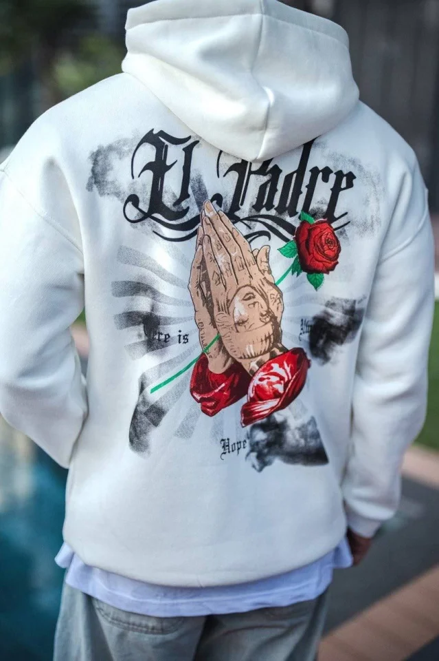 Üç İplik Penye Kapşonlu Baskılı SweatShirt - Beyaz görsel 3