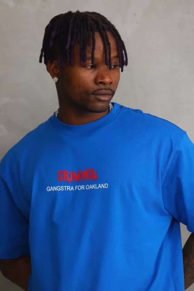 Unisex Baskılı Oversize T-Shirt - Mavi görsel 3