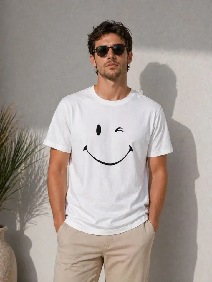 Erkek Minimal Gülümseyen Yüz Baskılı Tişört Kısa Kol Yazlık T-Shirt - Beyaz görsel 2