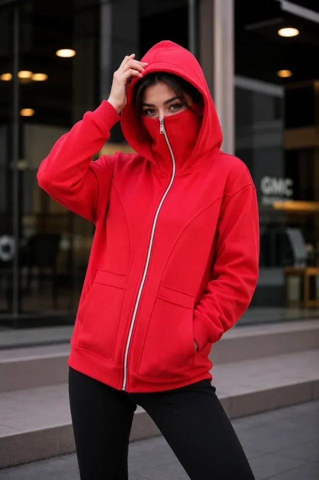 Maskeli Ninja Model Çift Kapüşonlu 3 İplik Şardonlu Fermuarlı Oversize Sweatshirt - Kırmızı görsel 4