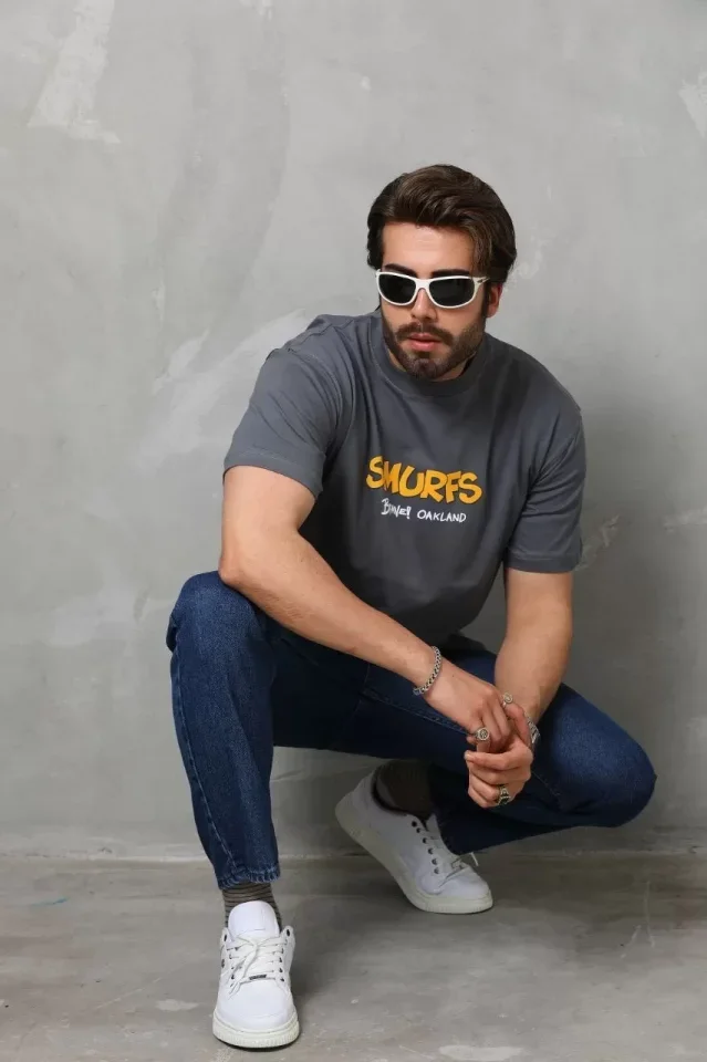 Unisex Basic Bisiklet Yaka Oversize T-Shirt - Füme görsel 3