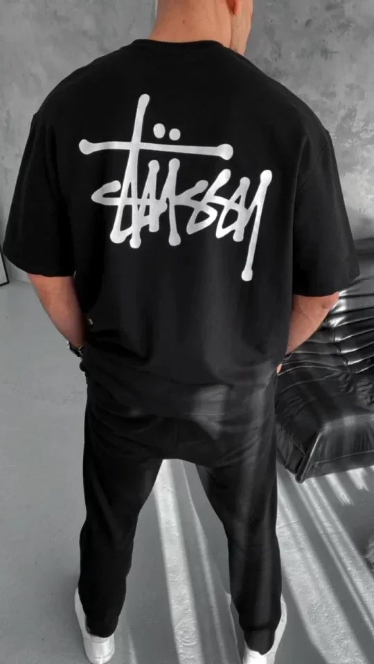 Unisex Bisiklet Yaka Baskılı Oversize T-Shirt - Siyah görsel 2