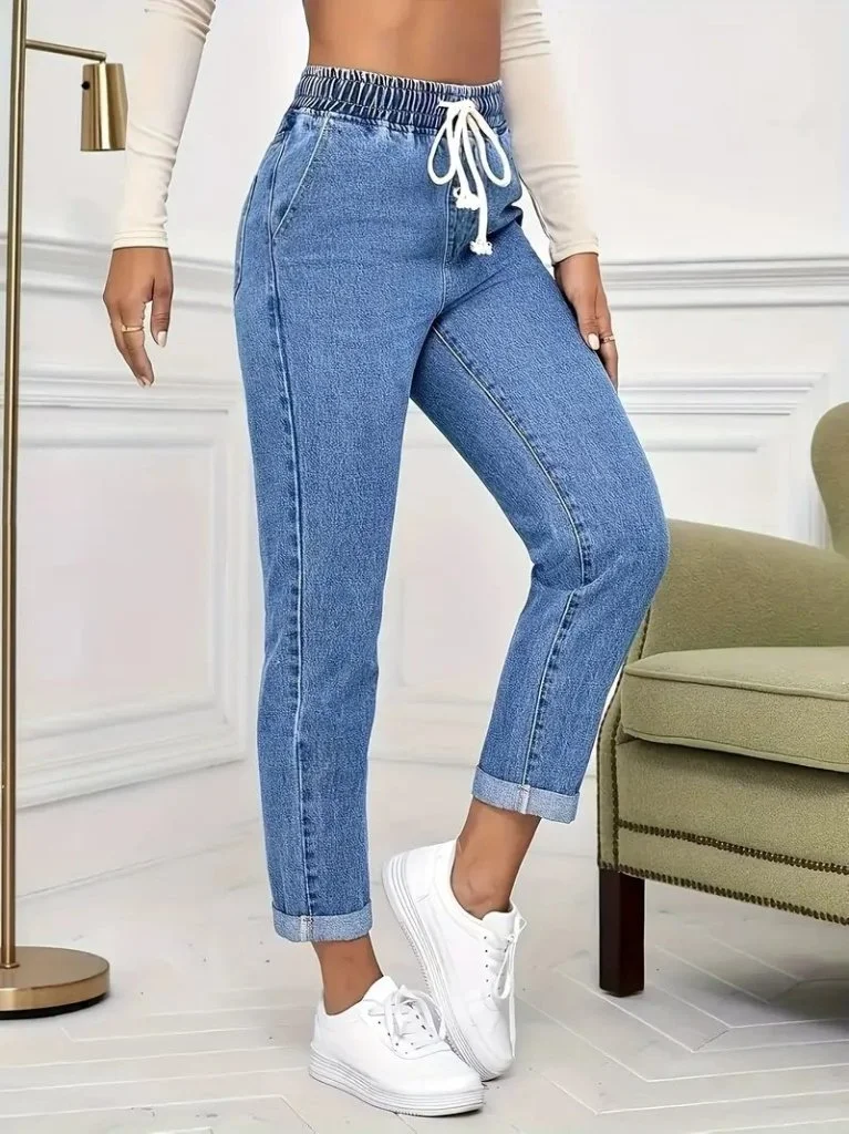 Kadın Yüksek Bel Bağcıklı Kot Pantolon görsel 2