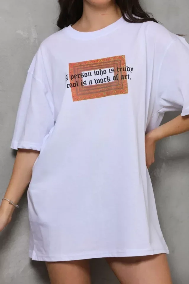 Unisex Bisiklet Yaka Baskılı Oversize T-Shirt - Beyaz görsel 2