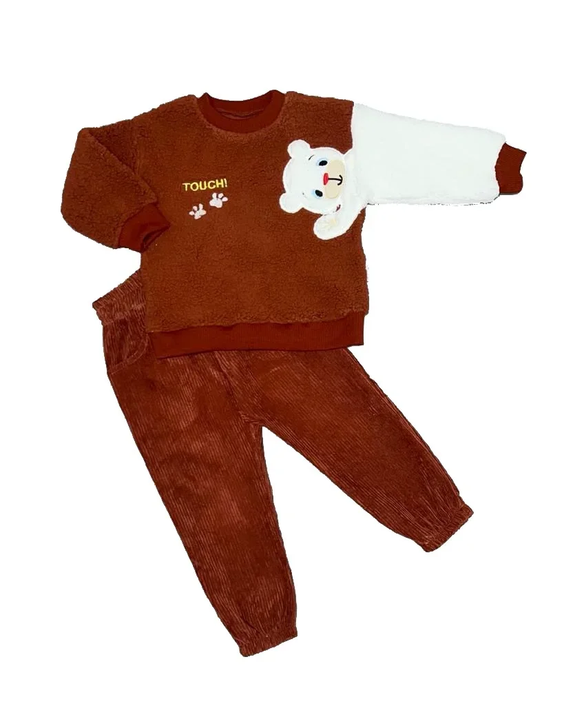 1-2-3 Ayıcık Kollu Kuzu Kumaş Sweat Kadife Pantolonlu Kız-erkek 2li Çocuk Takımı