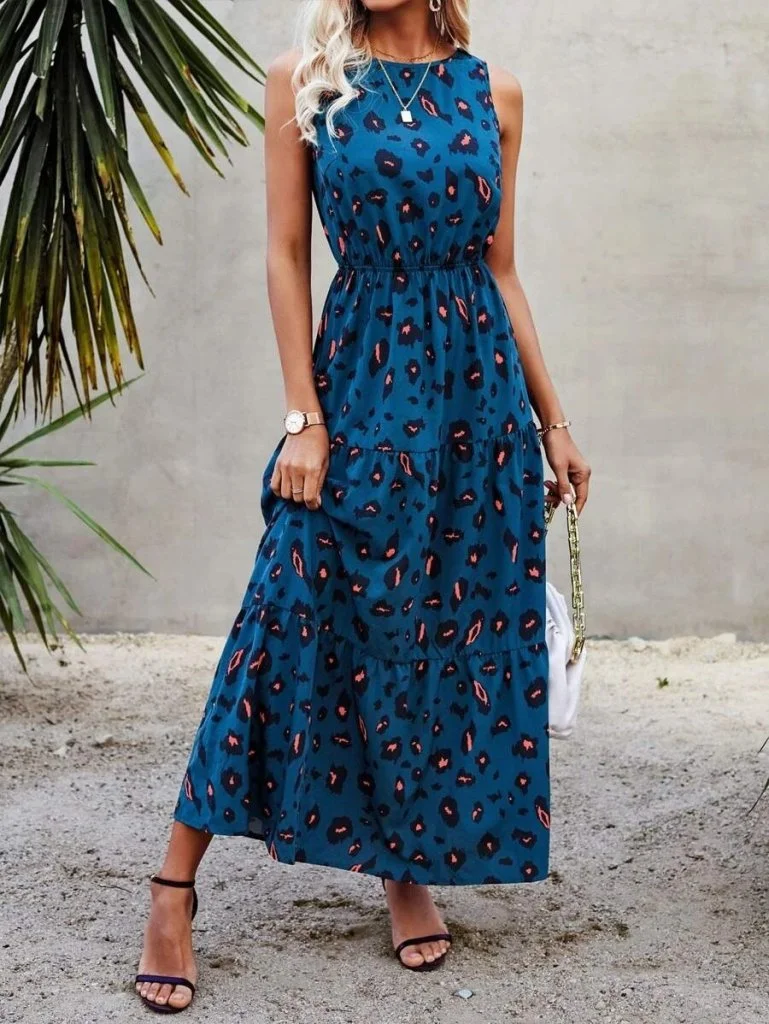 Kadın Kolsuz Bisiklet Yaka Beli Lastikli Desenli Süprem Elbise görsel 3