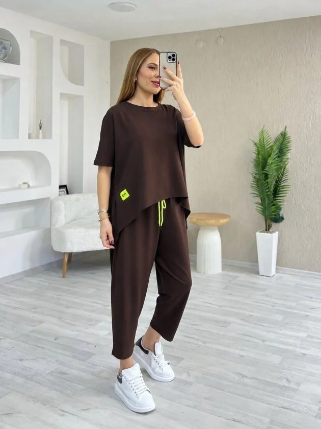 Kadın Kısa Kollu Bisiklet Yaka Viskon Iki Iplik Bluz Ve Pantolon Ikili Takım görsel 3