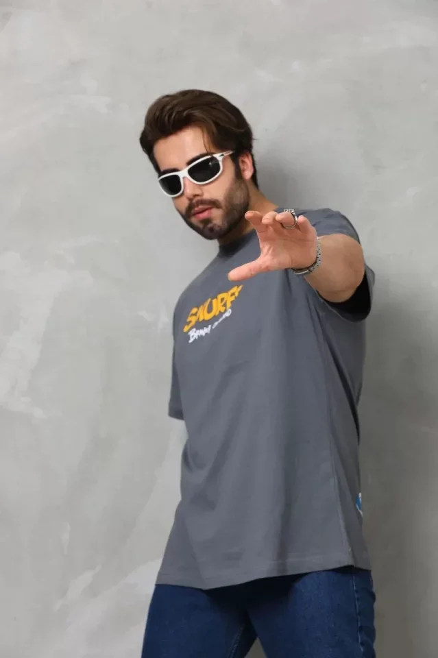 Unisex Basic Bisiklet Yaka Oversize T-Shirt - Füme görsel 2