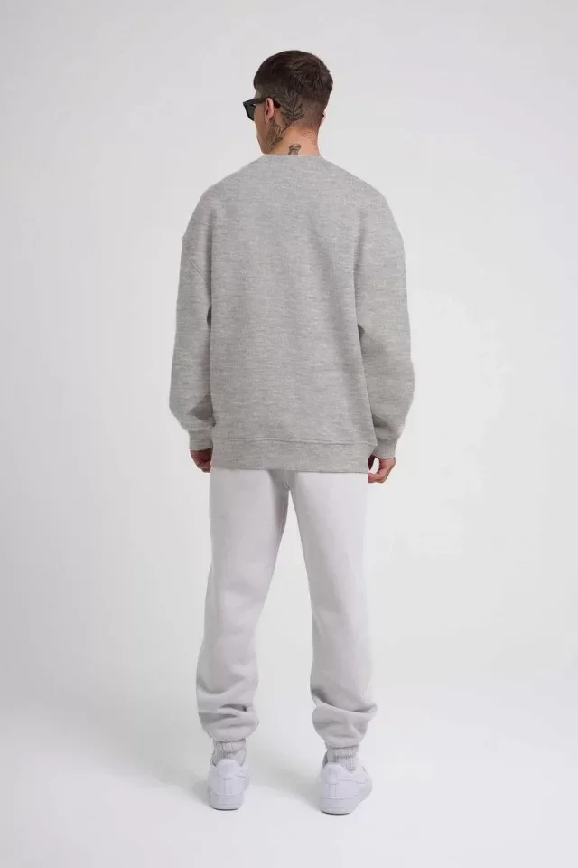 Unisex Biskilet Yaka Üç İplik SweatShirt - Gri görsel 3