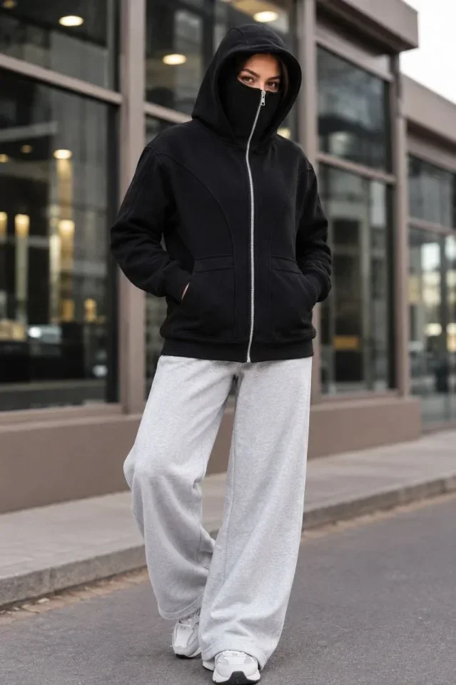 Maskeli Ninja Model Çift Kapüşonlu 3 İplik Şardonlu Fermuarlı Oversize Sweatshirt - Siyah görsel 3