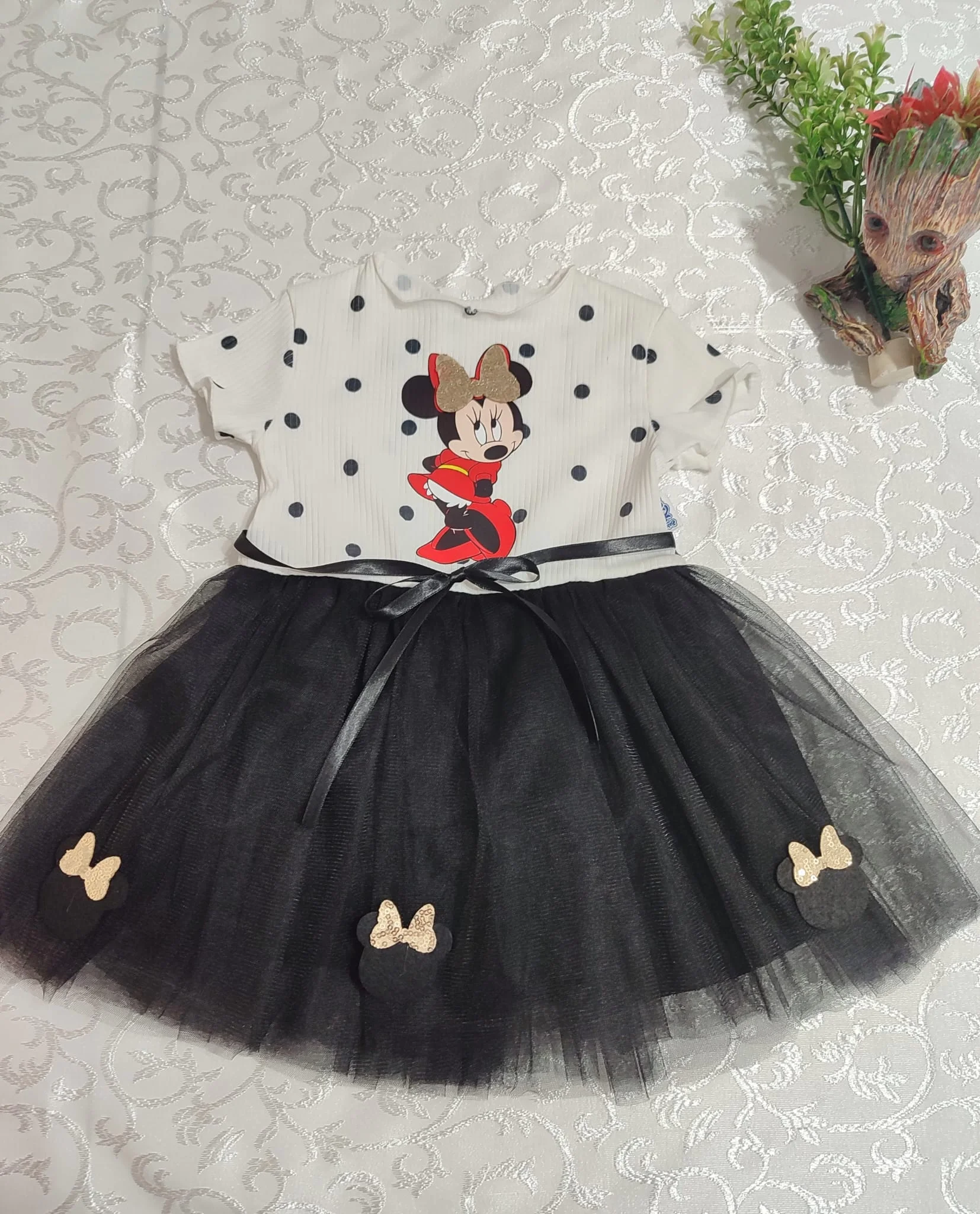 2-3-4 Yaş Puantiyeli Mickey Baskılı Kurdela Kuşaklı Astarlı Kız Bebek Tütü Elbisesi Siyah görsel 3