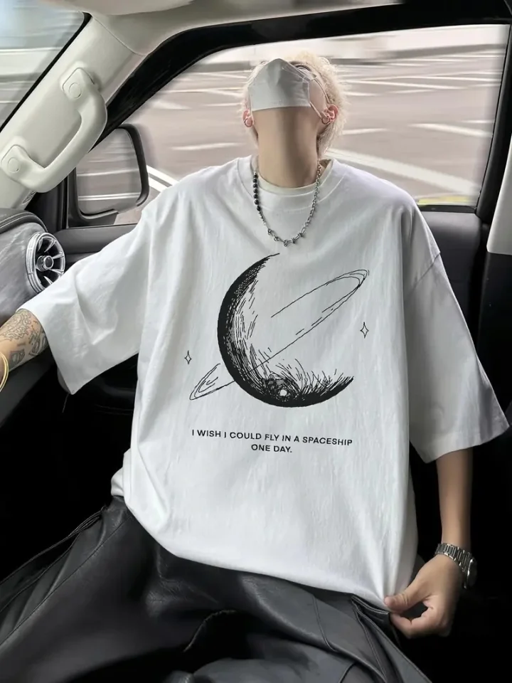 Baskılı Oversize Bisiklet Yaka T-shirt - Beyaz