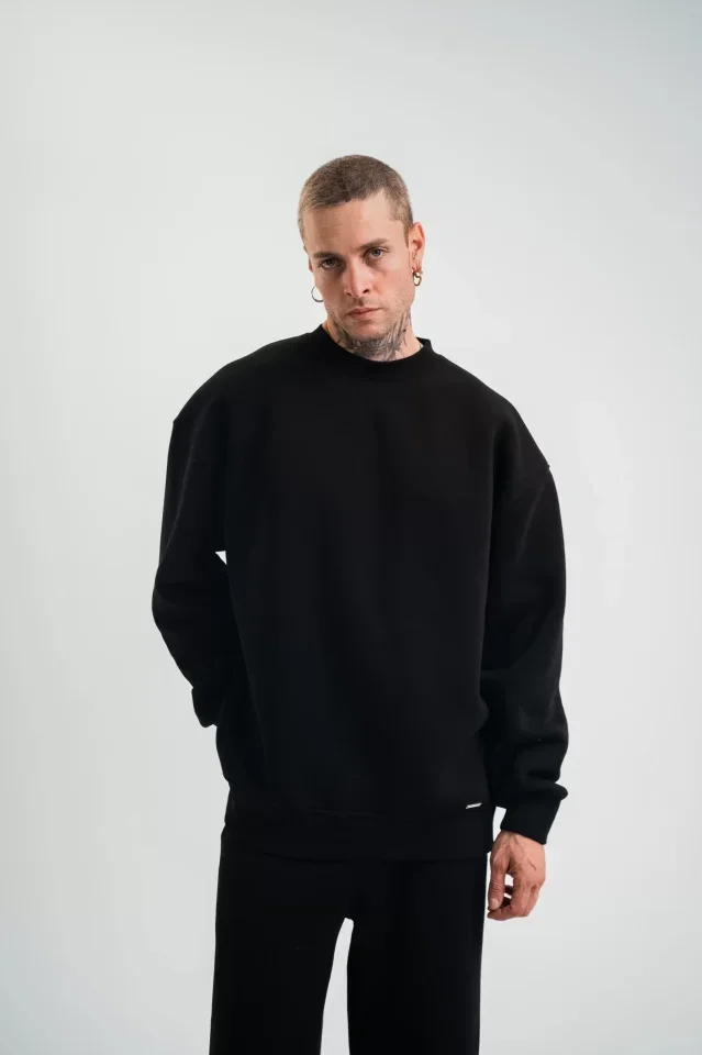Uzun Kol Bisiklet Yaka Basic SweatShirt - Siyah görsel 2